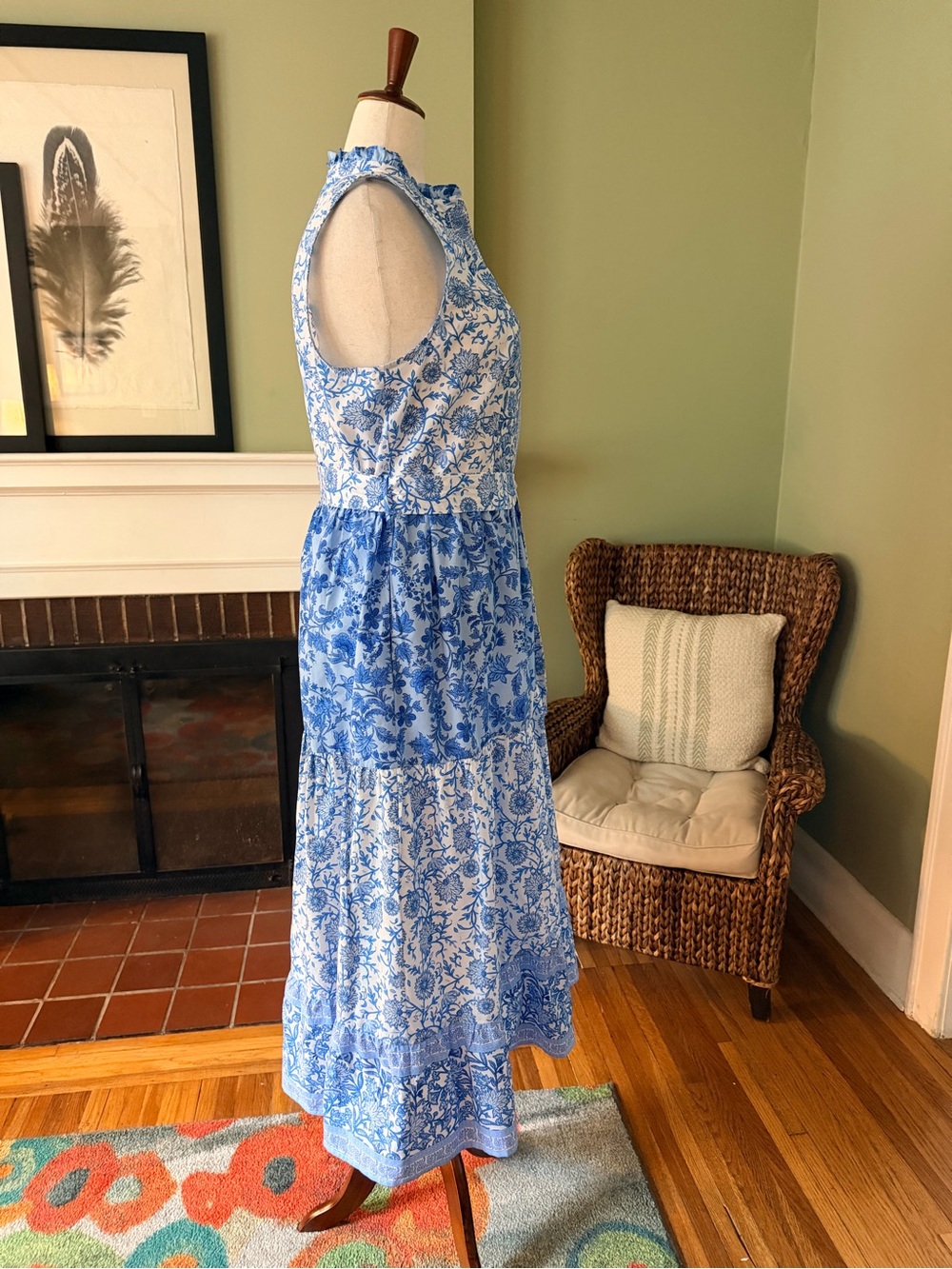 CeCe Blue & White Floral Tiered Cotton Belted Full Button-Front Midi Dress - XL - Picture 5 of 11